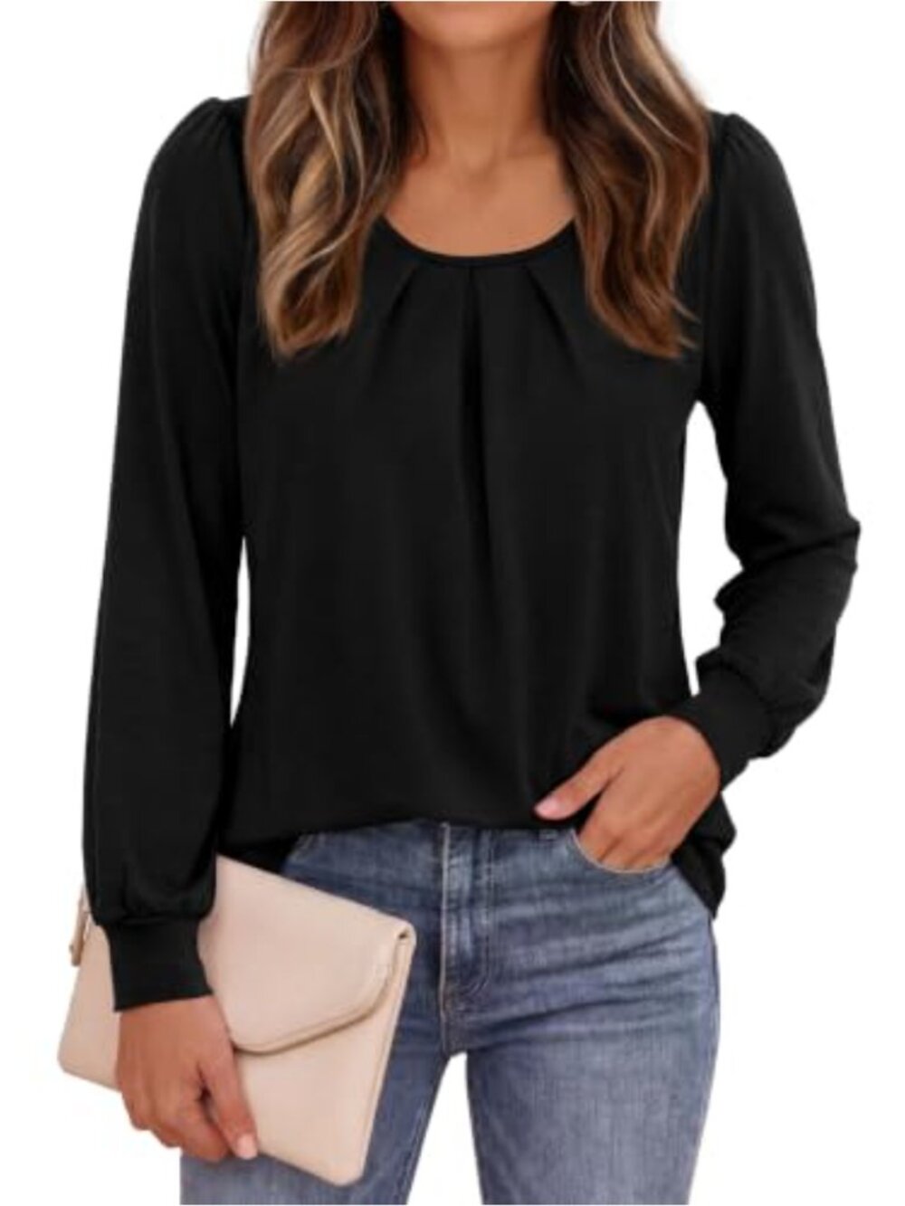 PRETTYGARDEN Womens Puff Sleeve Blouse Crew Neck Pleated Front Lightweight